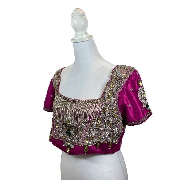 One of a Kind Hot Pink Embroidered and Jeweled Sari Top Size Large - Picture 15 of 16